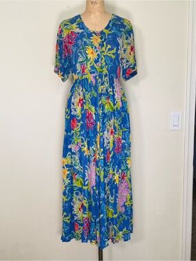 Vintage 90s New Aura Maxi Dress Tropical Sealife Short Sleeves Pockets Size P
